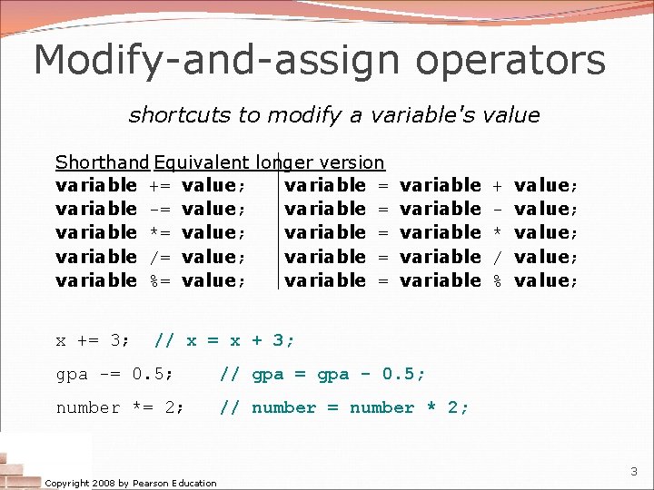 Modify-and-assign operators shortcuts to modify a variable's value Shorthand Equivalent longer version variable += Modify-and-assign operators shortcuts to modify a variable's value Shorthand Equivalent longer version variable +=