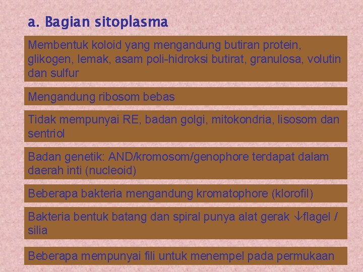 a. Bagian sitoplasma Membentuk koloid yang mengandung butiran protein, glikogen, lemak, asam poli-hidroksi butirat,