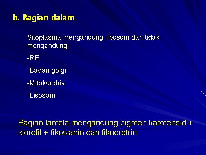 b. Bagian dalam Sitoplasma mengandung ribosom dan tidak mengandung: -RE -Badan golgi -Mitokondria -Lisosom