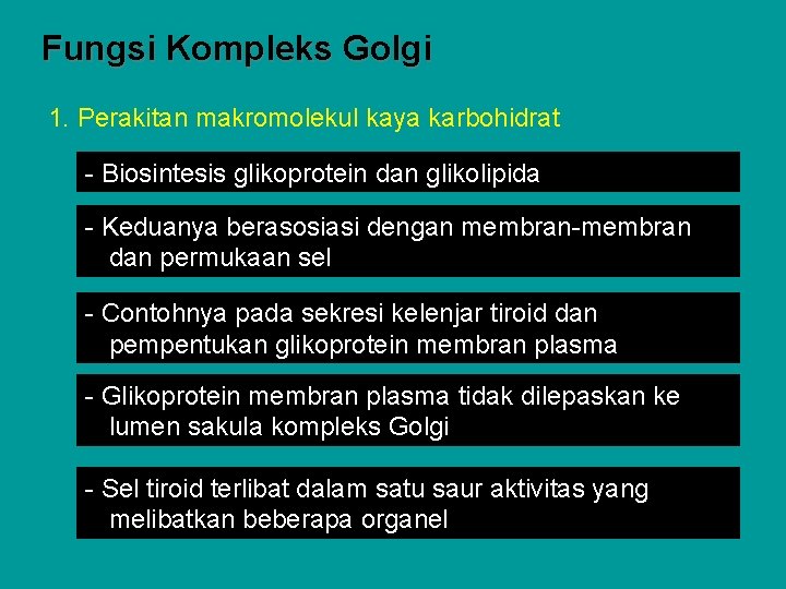 Fungsi Kompleks Golgi 1. Perakitan makromolekul kaya karbohidrat - Biosintesis glikoprotein dan glikolipida -