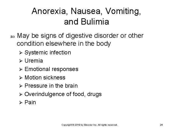 Anorexia, Nausea, Vomiting, and Bulimia May be signs of digestive disorder or other condition