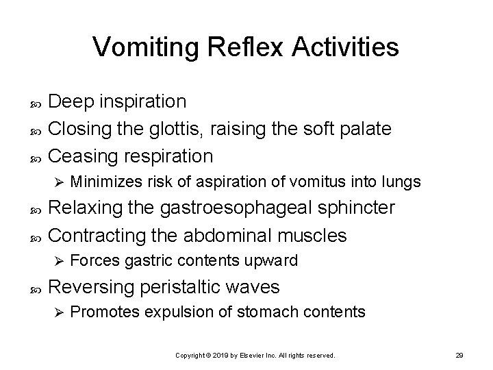 Vomiting Reflex Activities Deep inspiration Closing the glottis, raising the soft palate Ceasing respiration