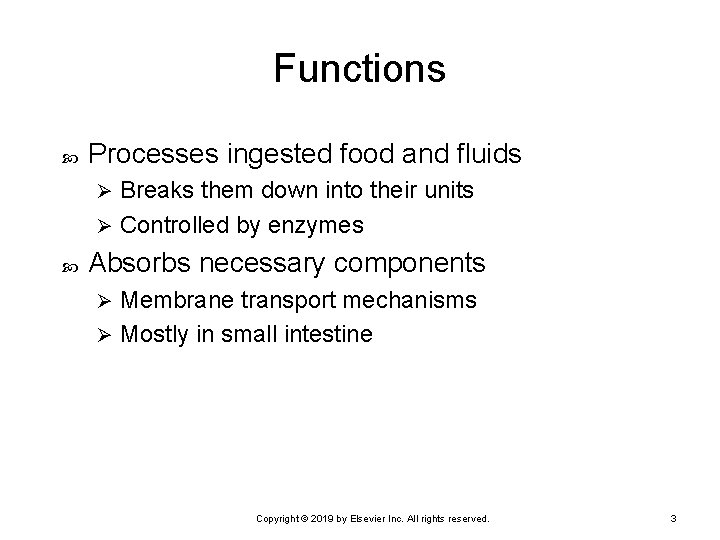 Functions Processes ingested food and fluids Breaks them down into their units Ø Controlled