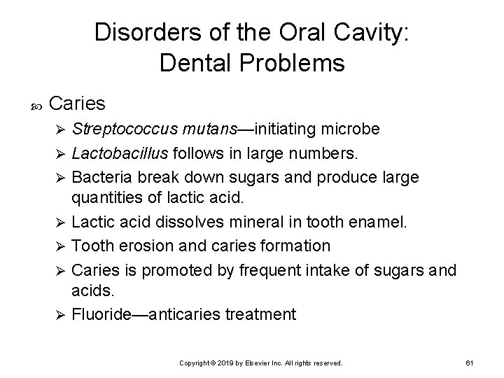 Disorders of the Oral Cavity: Dental Problems Caries Streptococcus mutans—initiating microbe Ø Lactobacillus follows