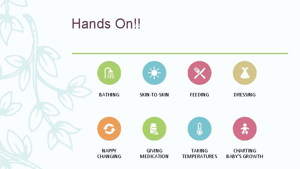 Hands On!! BATHING SKIN-TO-SKIN FEEDING DRESSING NAPPY CHANGING GIVING MEDICATION TAKING TEMPERATURES CHARTING BABY’S