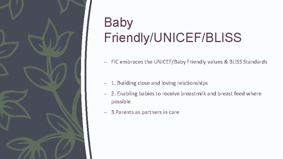 Baby Friendly/UNICEF/BLISS – FIC embraces the UNICEF/Baby Friendly values & BLISS Standards – 1.