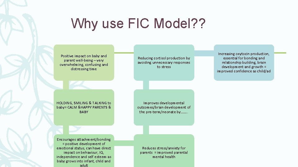 Why use FIC Model? ? Positive impact on baby and parent well-being – very