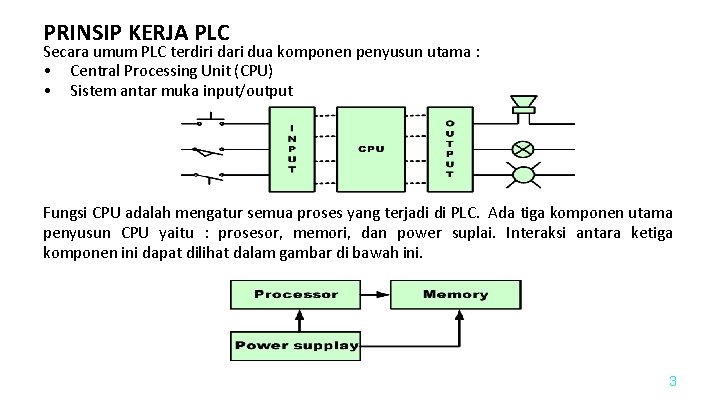 PRINSIP KERJA PLC Secara umum PLC terdiri dari dua komponen penyusun utama : •