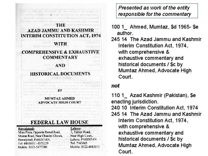 Presented as work of the entity responsible for the commentary 100 1_ Ahmed, Mumtaz,