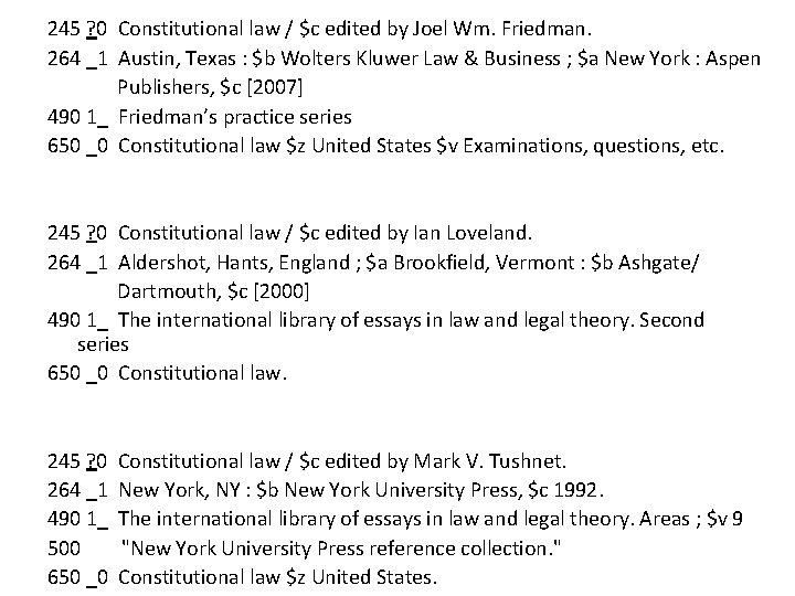 245 ? 0 Constitutional law / $c edited by Joel Wm. Friedman. 264 _1
