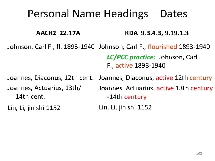 Personal Name Headings – Dates AACR 2 22. 17 A RDA 9. 3. 4.
