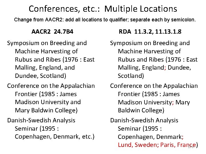 Conferences, etc. : Multiple Locations Change from AACR 2: add all locations to qualifier;