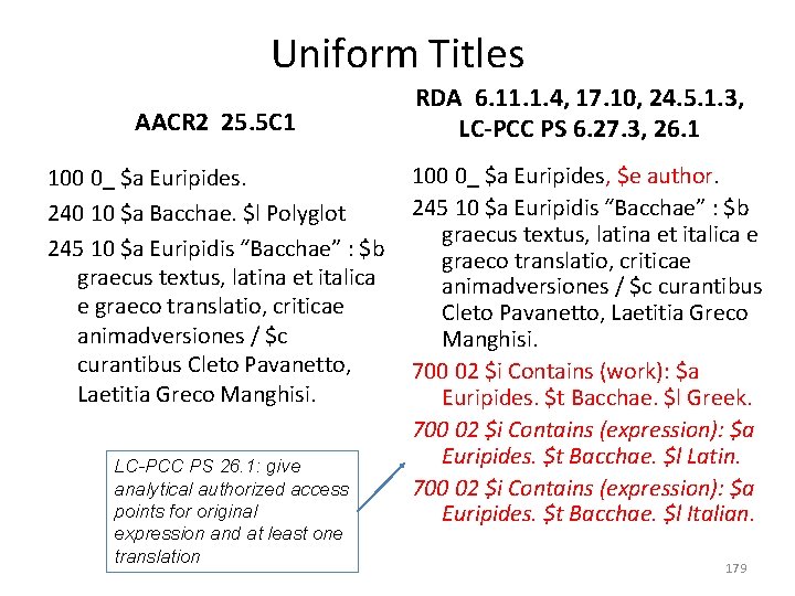 Uniform Titles AACR 2 25. 5 C 1 100 0_ $a Euripides. 240 10