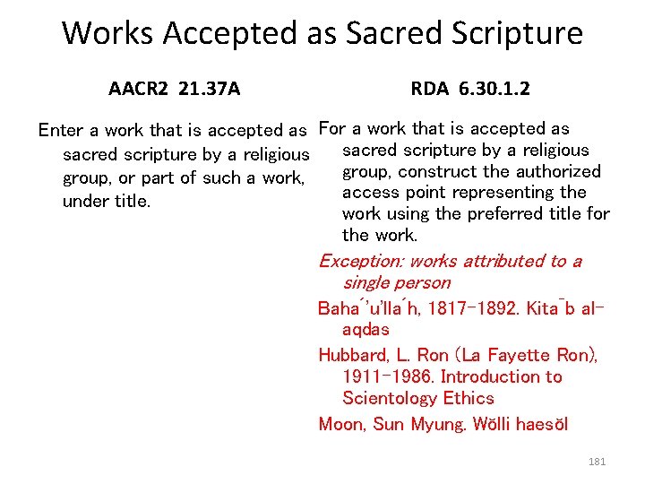 Works Accepted as Sacred Scripture AACR 2 21. 37 A RDA 6. 30. 1.