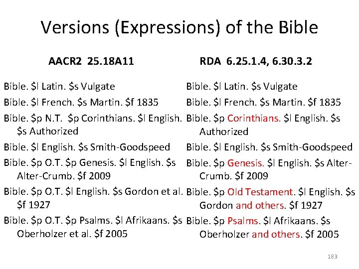 Versions (Expressions) of the Bible AACR 2 25. 18 A 11 RDA 6. 25.