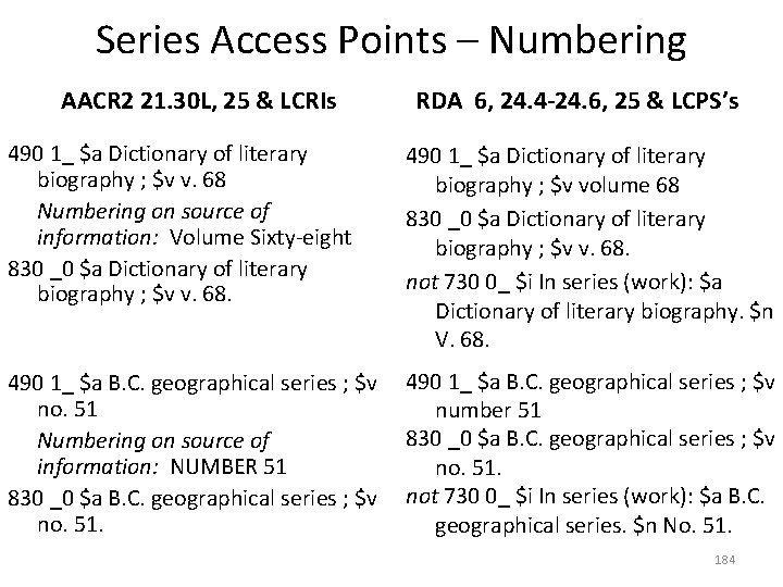 Series Access Points – Numbering AACR 2 21. 30 L, 25 & LCRIs RDA