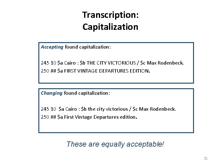 Transcription: Capitalization Accepting found capitalization: 245 10 $a Cairo : $b THE CITY VICTORIOUS