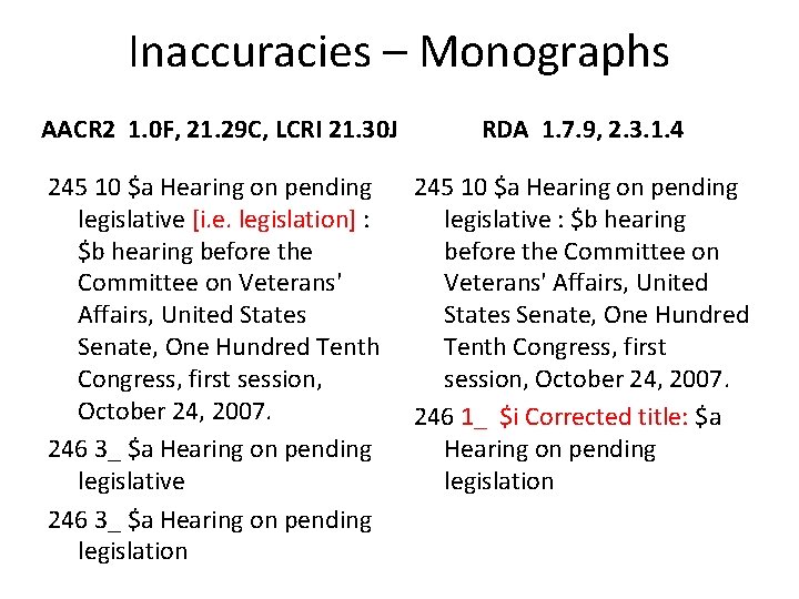 Inaccuracies – Monographs AACR 2 1. 0 F, 21. 29 C, LCRI 21. 30