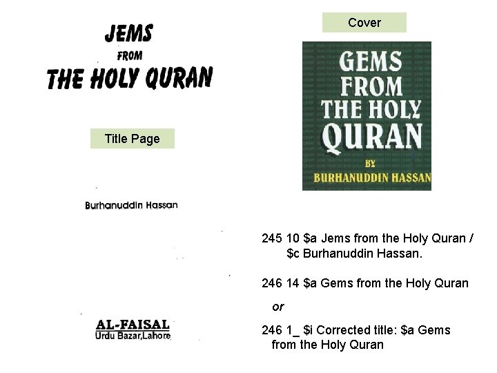 Cover Title Page 245 10 $a Jems from the Holy Quran / $c Burhanuddin