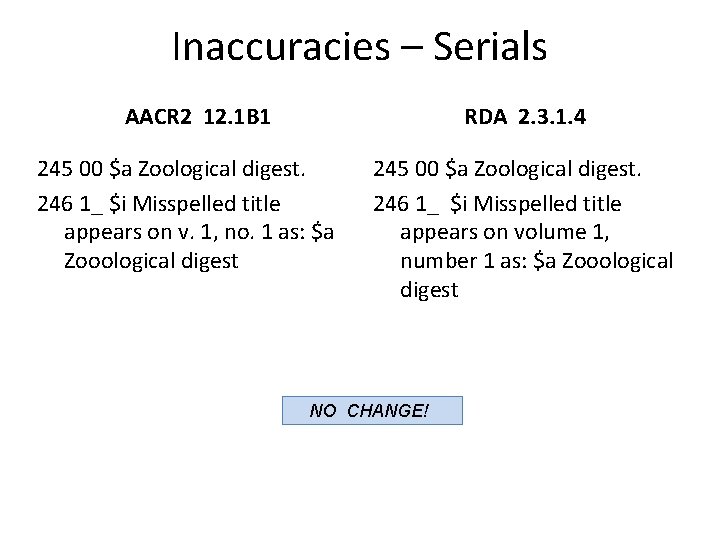 Inaccuracies – Serials AACR 2 12. 1 B 1 RDA 2. 3. 1. 4