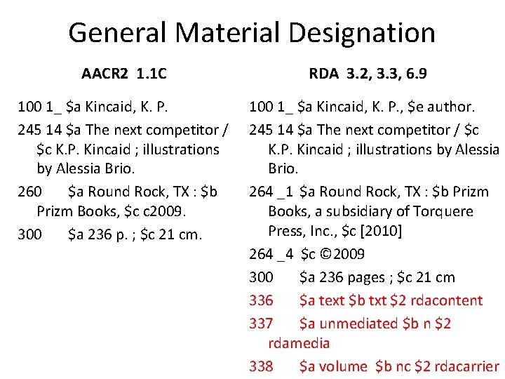 General Material Designation AACR 2 1. 1 C 100 1_ $a Kincaid, K. P.