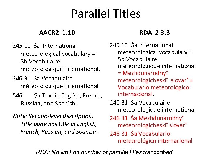 Parallel Titles AACR 2 1. 1 D RDA 2. 3. 3 245 10 $a