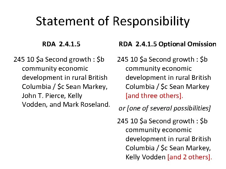 Statement of Responsibility RDA 2. 4. 1. 5 Optional Omission 245 10 $a Second