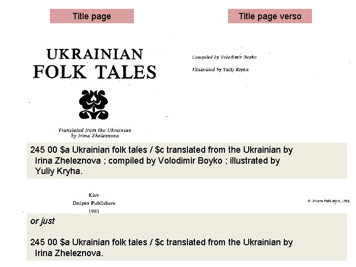 Title page verso 245 00 $a Ukrainian folk tales / $c translated from the