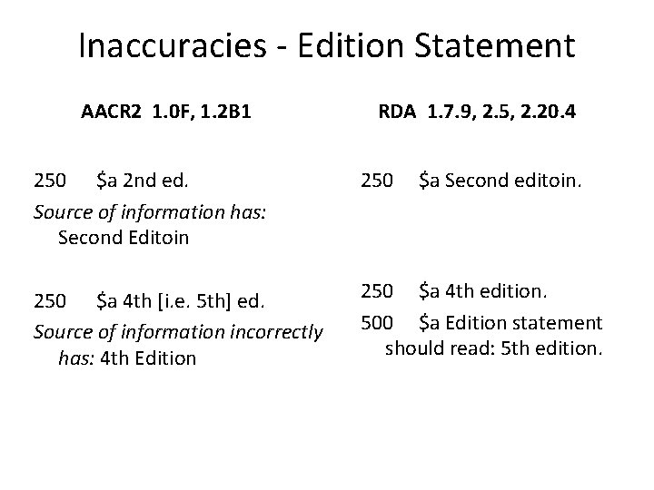 Inaccuracies - Edition Statement AACR 2 1. 0 F, 1. 2 B 1 RDA
