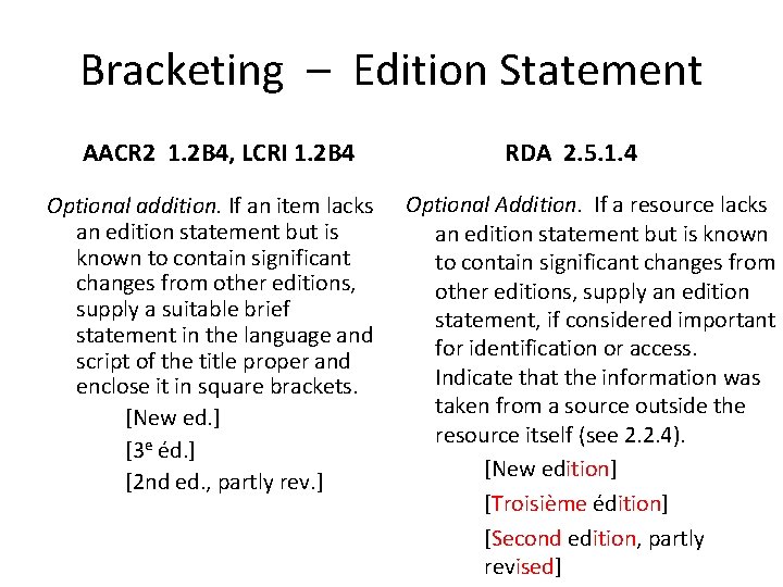 Bracketing – Edition Statement AACR 2 1. 2 B 4, LCRI 1. 2 B