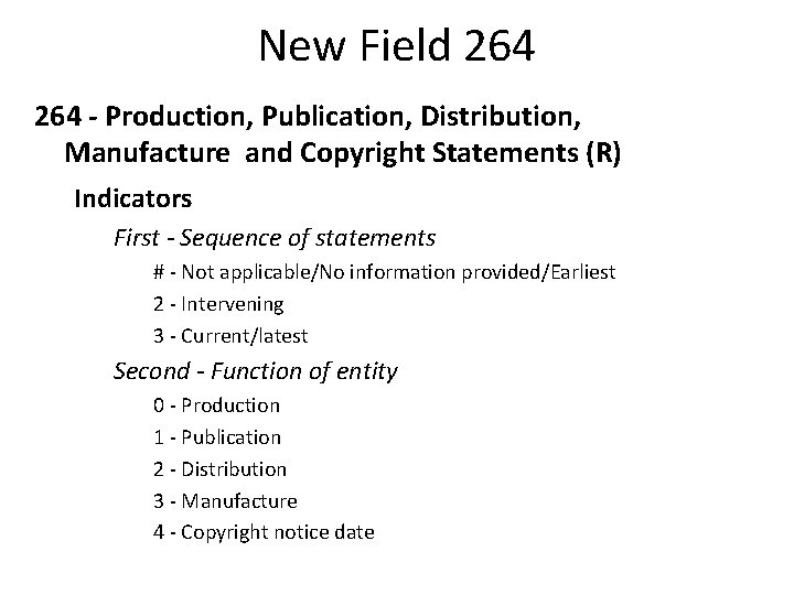 New Field 264 - Production, Publication, Distribution, Manufacture and Copyright Statements (R) Indicators First