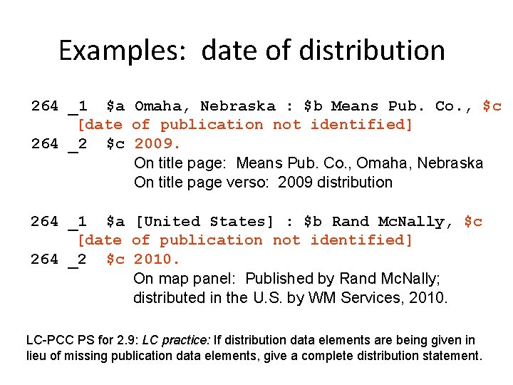 Examples: date of distribution 264 _1 $a Omaha, Nebraska : $b Means Pub. Co.