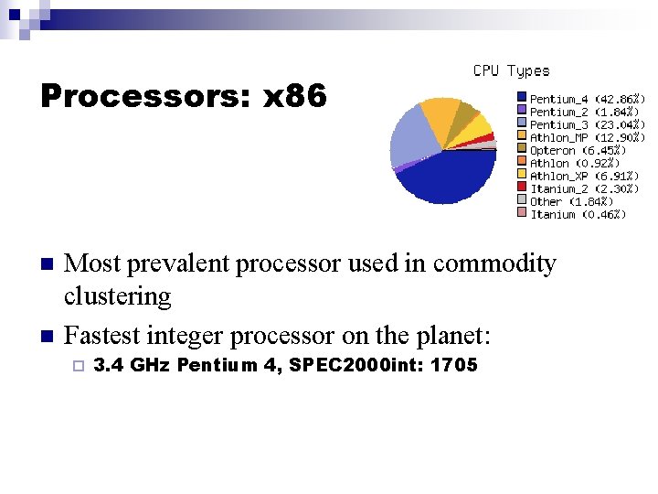 Processors: x 86 n n Most prevalent processor used in commodity clustering Fastest integer