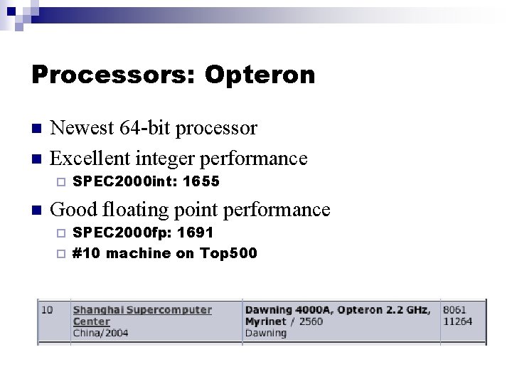 Processors: Opteron n n Newest 64 -bit processor Excellent integer performance ¨ n SPEC