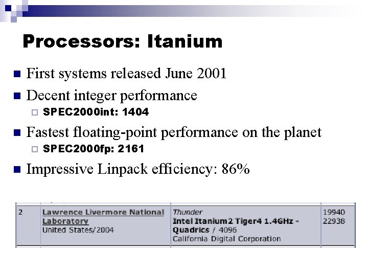 Processors: Itanium n n First systems released June 2001 Decent integer performance ¨ n