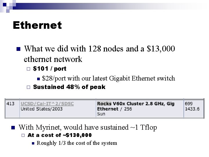 Ethernet n What we did with 128 nodes and a $13, 000 ethernet network