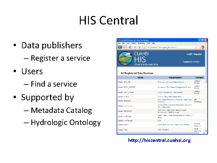 HIS Central • Data publishers – Register a service • Users – Find a