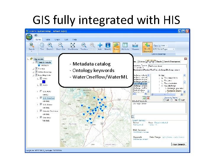 GIS fully integrated with HIS - Metadata catalog - Ontology keywords - Water. One.