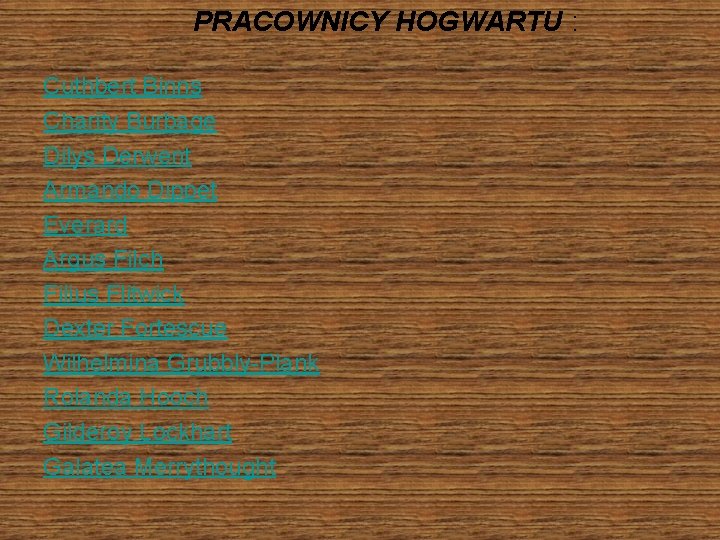 PRACOWNICY HOGWARTU : Cuthbert Binns Charity Burbage Dilys Derwent Armando Dippet Everard Argus Filch