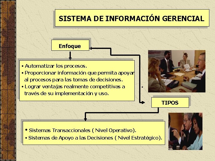 SISTEMA DE INFORMACIÓN GERENCIAL Enfoque • Automatizar los procesos. • Proporcionar información que permita