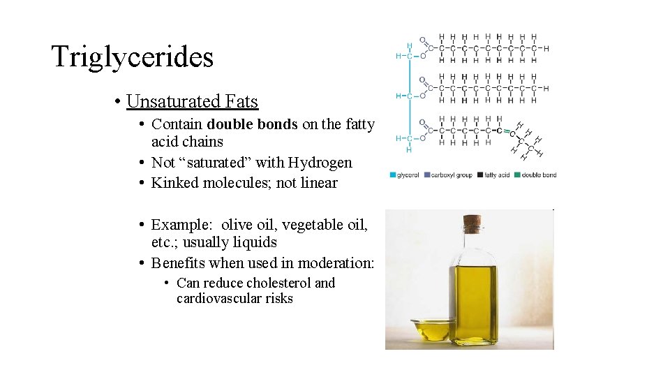 Triglycerides • Unsaturated Fats • Contain double bonds on the fatty acid chains • Triglycerides • Unsaturated Fats • Contain double bonds on the fatty acid chains •