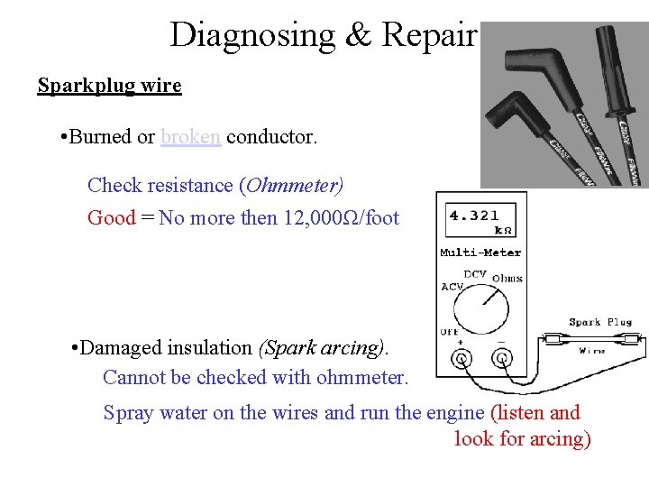 Diagnosing & Repair Sparkplug wire • Burned or broken conductor. Check resistance (Ohmmeter) Good Diagnosing & Repair Sparkplug wire • Burned or broken conductor. Check resistance (Ohmmeter) Good