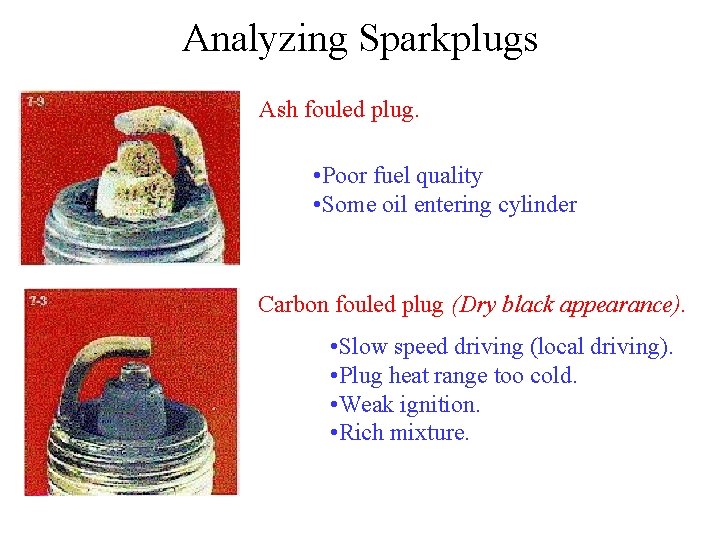 Analyzing Sparkplugs Ash fouled plug. • Poor fuel quality • Some oil entering cylinder Analyzing Sparkplugs Ash fouled plug. • Poor fuel quality • Some oil entering cylinder