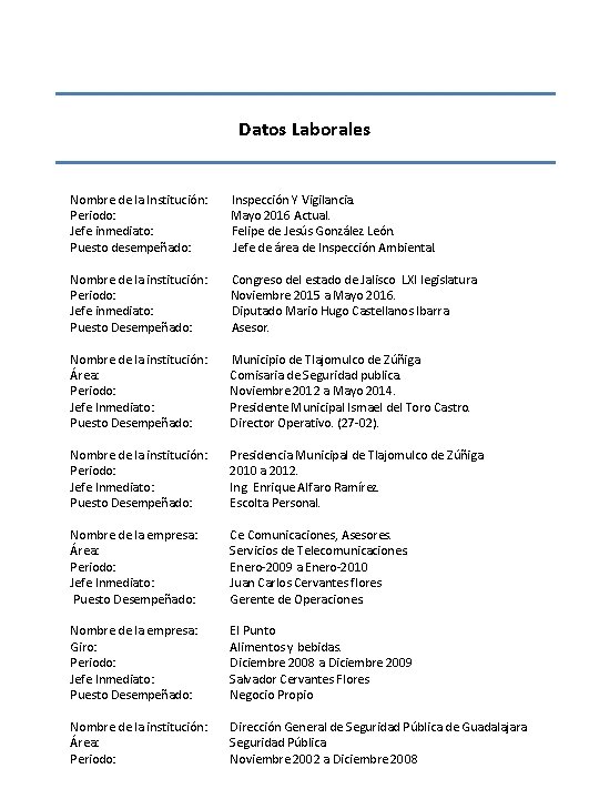 Datos Laborales Nombre de la Institución: Periodo: Jefe inmediato: Puesto desempeñado: Inspección Y Vigilancia.