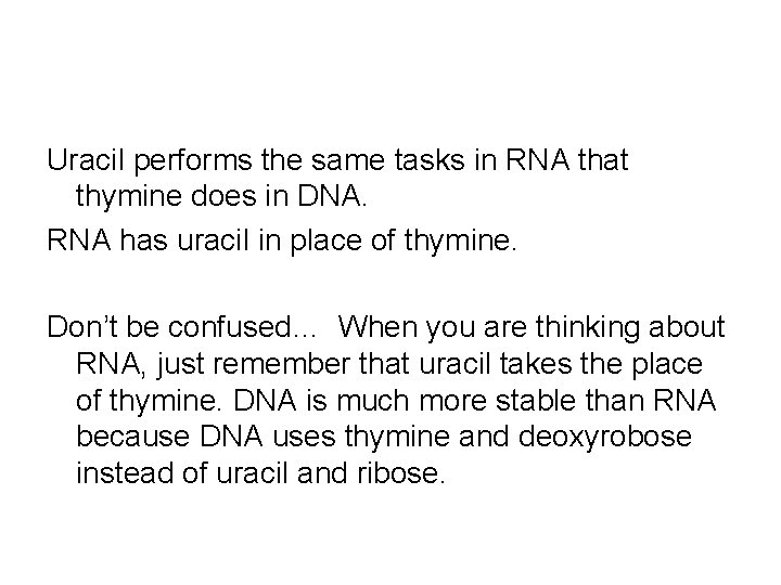 Uracil performs the same tasks in RNA that thymine does in DNA. RNA has