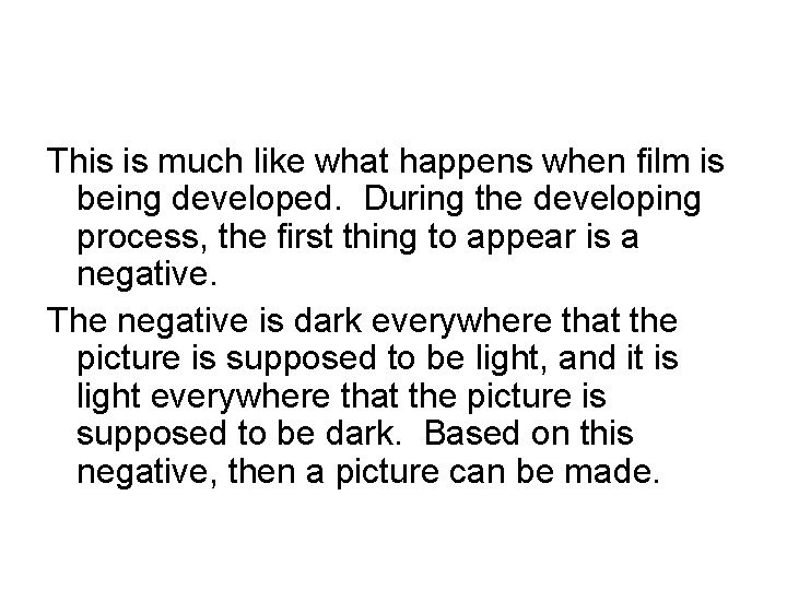 This is much like what happens when film is being developed. During the developing