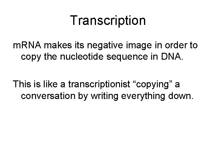 Transcription m. RNA makes its negative image in order to copy the nucleotide sequence