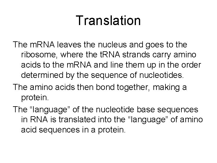 Translation The m. RNA leaves the nucleus and goes to the ribosome, where the