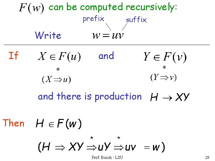 can be computed recursively: prefix suffix Write If and there is production Then Prof.