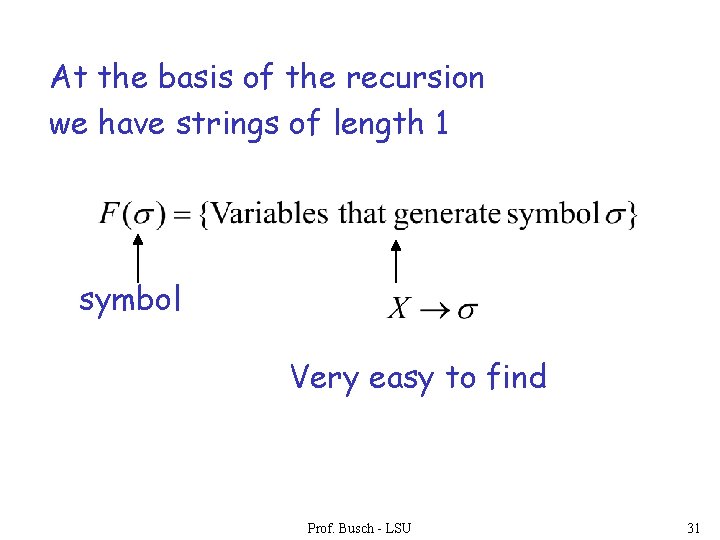 At the basis of the recursion we have strings of length 1 symbol Very